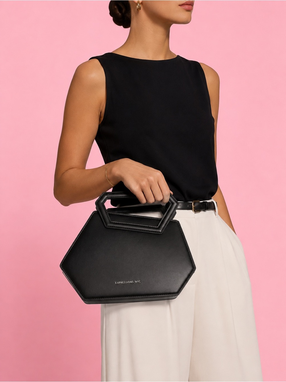 Expressions NYC Black Geometric Top Handle Crossbody Satchel NWT